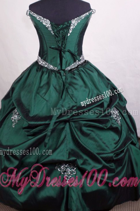 Rhinestones and Pick-ups Decorate Off Shoulder Dresses Of 15 in Dark Green